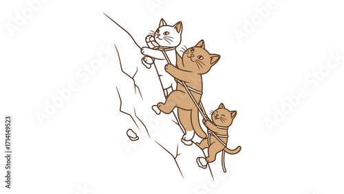 Ascending Heights: A determined group of animated cats, tethered together with rope, scales a rugged mountain, showcasing teamwork and determination amidst a cartoon landscape. 
