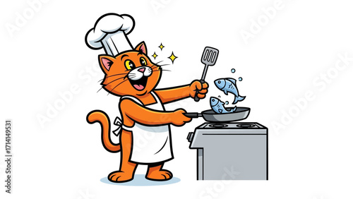 Culinary Cat's Gourmet Dish: An illustrated orange cat chef, complete with a toque and apron, expertly flips fish in a pan, radiating culinary prowess and jovial enthusiasm. 