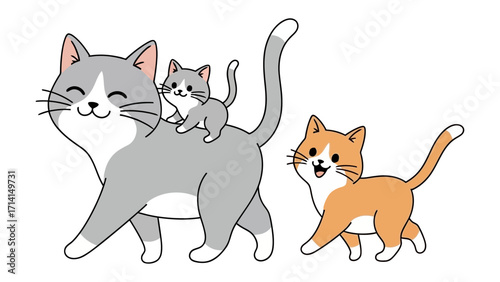 Family of cats in animation: A heartwarming animation featuring a mother cat, her kitten, and a playful cat. The scene is filled with joy. 