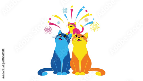 Colorful Felines Admiring Fireworks: Three vibrant cats marvel at a dazzling fireworks display, celebrating with their unique charm.