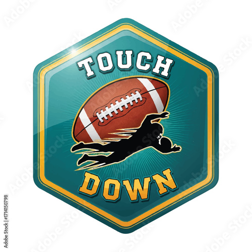 A teal-colored hexagonal graphic design featuring a silhouette of a football player catching a football, with the words "TOUCH DOWN" in a bold, capitalized font.