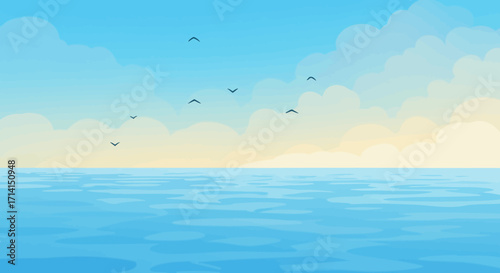 Sky with clouds water with ripples birds flying