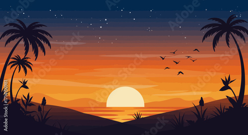 Sunset over water with a large sun palm trees birds and a starspeckled sky