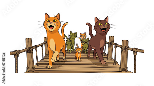 Cats on Bridge: A cheerful family of cats happily crossing a rustic bridge, full of playful energy and a touch of whimsy. 