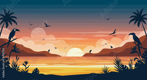 A pixelated tropical sunset scene with birds water clouds and two toucans perched on branches