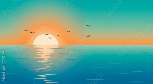 A sunset over water with silhouetted birds in flight