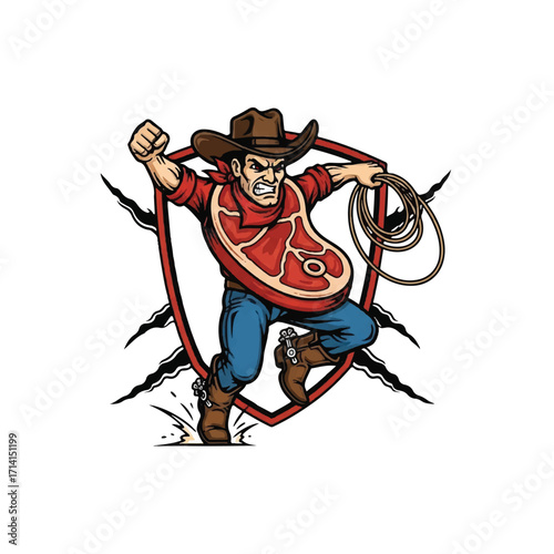 A fierce cartoon cowboy mascot with a raw steak for a torso, holding a lasso inside a shield emblem.