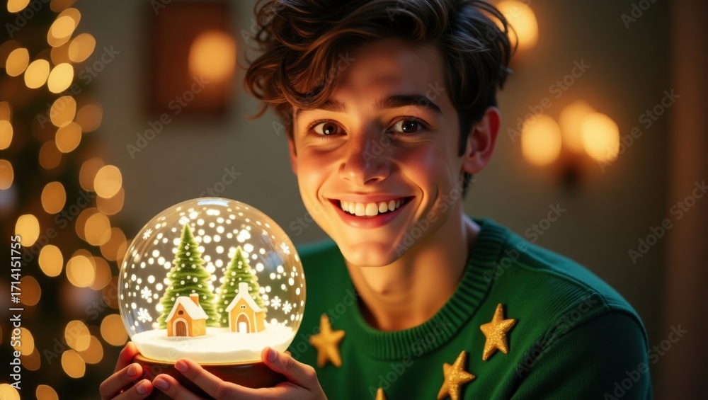Naklejka premium Un joven encantador que sostiene una bola de nieve brillante, que simboliza los sueños festivos, vestido con un suéter verde con estrellas doradas