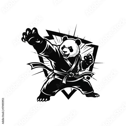 A fierce panda mascot in a martial arts uniform strikes a dynamic fighting pose in a black and white illustration.