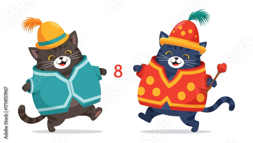Playful Cat Figures: A whimsical illustration featuring two charming cat figures adorned in vibrant attire, set against a soft background.