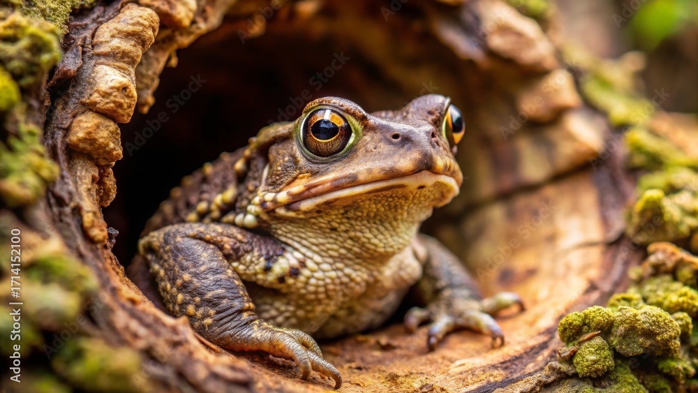 Fototapeta premium A curious amphibian peering from a decaying log's hollow, its golden eyes reflecting the dappled sunlight filtering through the forest canopy