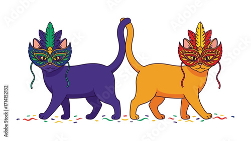 Mardi Gras Cats: Two cats embrace the festive spirit, each adorned with a vibrant mask and feathers. The cheerful scene captures the essence of carnival celebration.