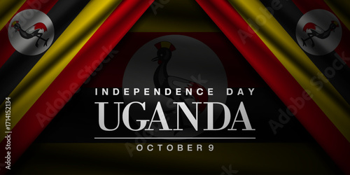 October 9 is Uganda Independence Day. Uganda flag and more. Suitable for posters, banners, and social media. Black background.