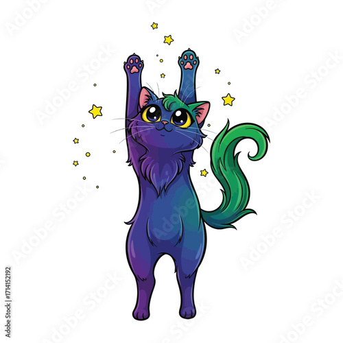 Whimsical Cosmic Cat: A vibrant, cartoon cat reaches for twinkling stars, embodying playful curiosity and a touch of magic with bright eyes, capturing a sense of wonder and imagination. 