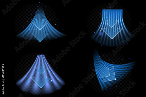 Set of cold airflow streams with arrow on white background. Illustration for air conditioning and heating systems.