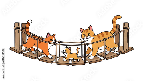 Kitten Family Adventures: A heartwarming illustration shows a feline family, including a mother, father, and kitten, traversing a playful, bridge together.