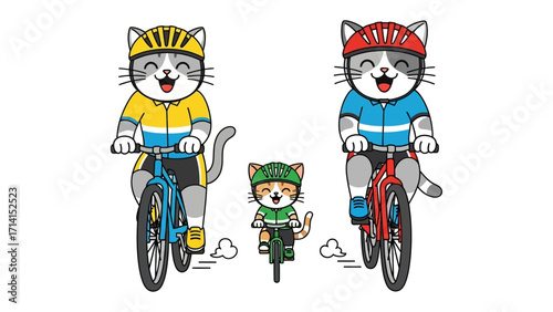 Cats on Bikes: A delightful illustration of a feline family enjoying a bike ride, each member happily cycling, conveying themes of family, leisure, and healthy activity.