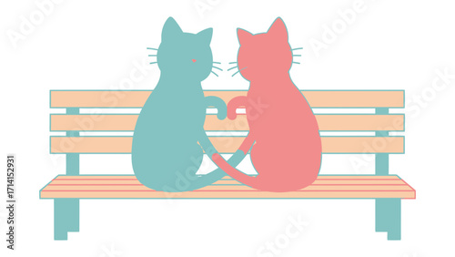 Playful Cat Companions: Two vibrantly colored, endearing cats are seated close to each other on a bench, playfully sharing a moment of togetherness in this heartwarming illustration.