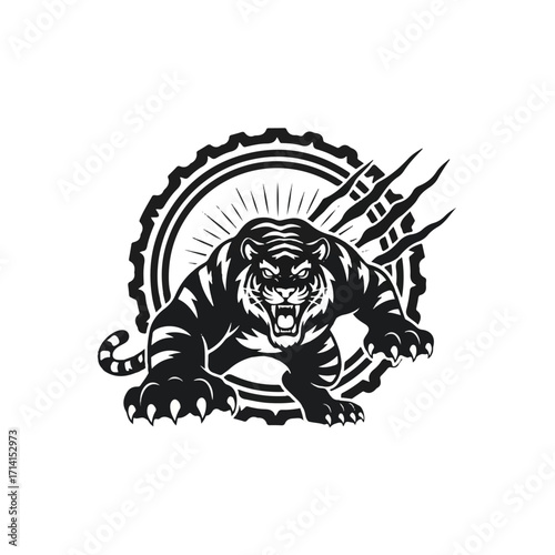 Aggressive black and white tiger mascot with sharp claws and a fierce roar, set against a circular emblem and claw marks.