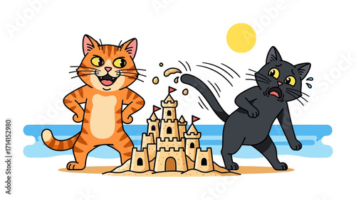 Mischievous seaside: A playful, illustrative scene unfolds as an orange cat playfully topples a sandcastle on the beach, startling a black cat under the bright sunshine.