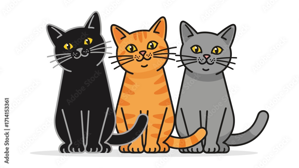 Fototapeta premium Three Cartoon Cats: A charming trio of cartoon cats with distinct coats, the orange cat with stripes, a sleek black, and a serene grey. Each feline sits gracefully, exuding a sense of playful poise. 