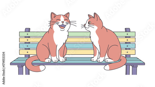 Friendly Felines: Two charming cartoon cats enjoy a cheerful conversation while seated on a pastel park bench, their expressions radiating pure joy and companionship.