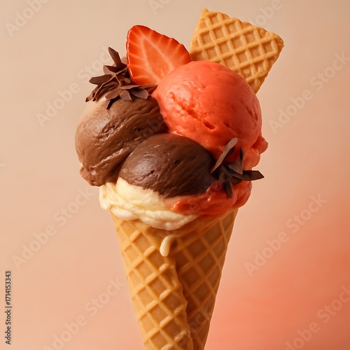 Delicious Ice Cream Cone with Strawberry and Chocolate Flavors, Topped with Wafer and Chocolate Shavings