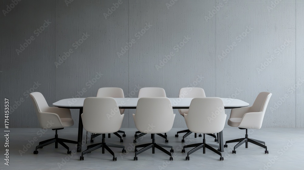 Obraz premium A minimalist conference room featuring a large, oval table surrounded by eight light-colored chairs against a textured concrete wall.