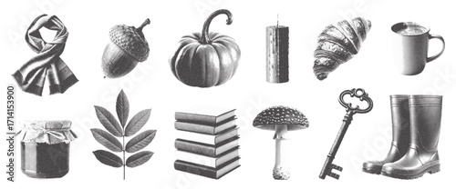 Vintage stipple set of cozy autumn elements. Retro photocopy pumpkin, acorn, scarf, coffee, books, mushroom, boots, key. Perfect for fall design, posters, dark academia aesthetic, nostalgic branding.