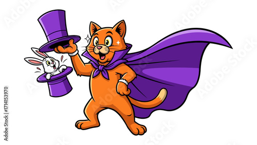 Magician Cat with rabbit: A whimsical illustration depicts a charming magician cat, complete with a vibrant purple cape and top hat, performing a delightful trick.
