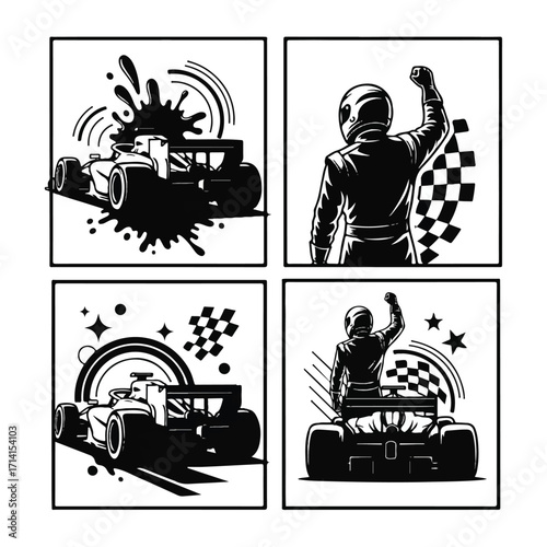 Black and white illustrations of Formula 1 racing cars and celebrating drivers in squares.
