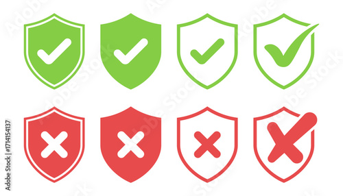 Green check and red cross security shields icons.Vector
