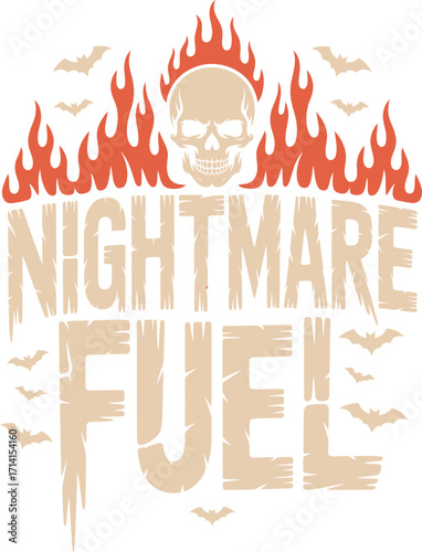 Skull with flames and bats text nightmare fuel vector