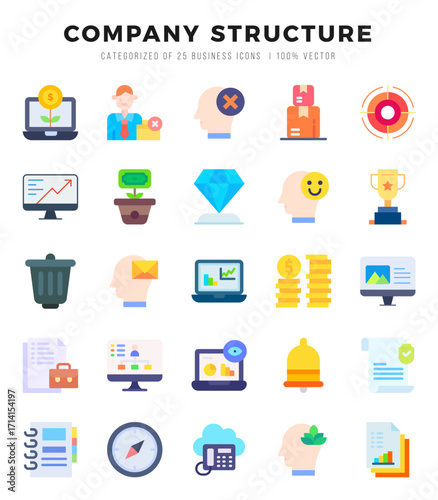 Set of 25 Company Structure Flat Icons Pack.
