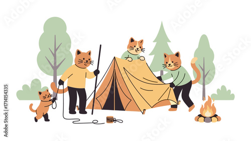 Camping Cats in the Wild: A family of cats works together to set up camp in a serene natural setting, embodying the spirit of adventure and teamwork, enjoying quality outdoor time
