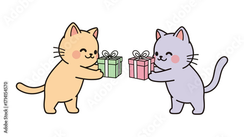 Cats Exchanging Gifts: Two cheerful cartoon cats, one tan and one lavender, exchange wrapped gifts, creating a scene of delightful friendship. A heartwarming illustration that could represent sharing.