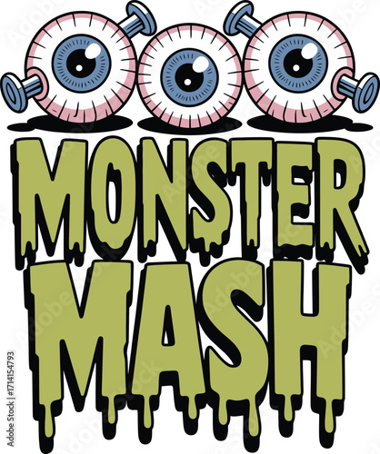 Three cartoon eyeballs with screws and dripping text