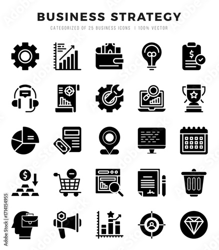 Set of simple Glyph Business Strategy Icons. Glyph art icons pack.