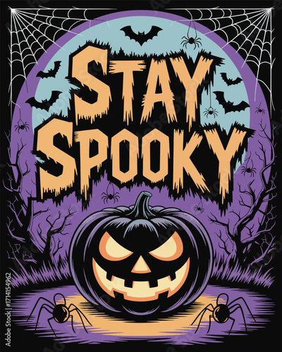 Jackolantern with bats spiders and spooky text halloween