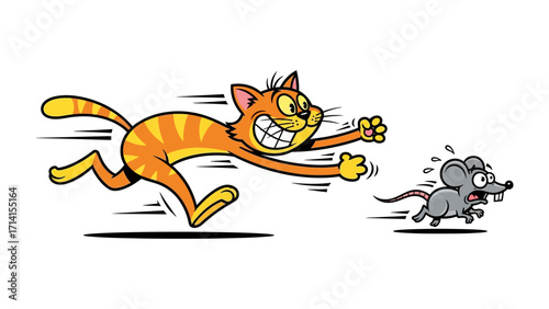 Chase Animation: A vibrant cartoon illustrates the timeless chase of a determined cat pursuing a startled mouse in a playful and energetic scene. 