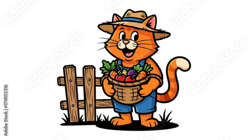 Farmer Cat: An adorable cartoon cat, dressed in overalls and a straw hat, stands proudly beside a rustic fence, holding a basket brimming with freshly harvested vegetables.