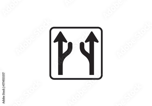 A black road sign with two black arrows diverging from the bottom pointing upwards within a rounded square