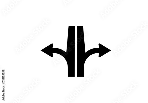 A black sign shows a road splitting indicating to go left or right