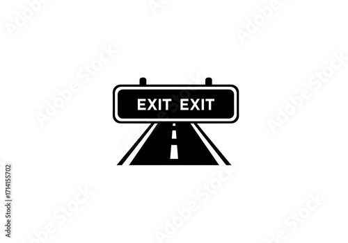 A blackandwhite sign reading EXIT EXIT above a road converging toward the viewer