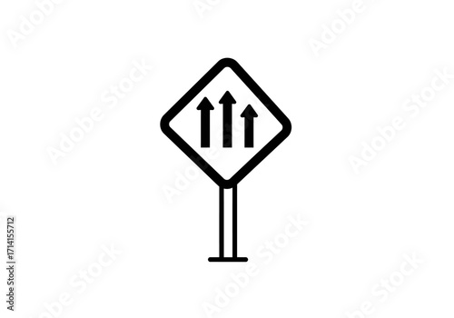 A blackandwhite sign with three upward arrows on a pole against a plain white background