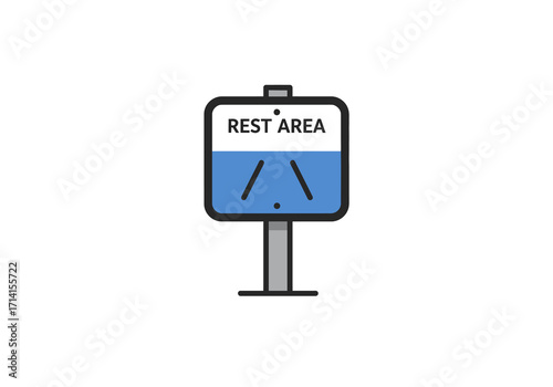 A blue Rest Area road sign on a gray post featuring a white upper portion and blue bottom with a dot and diagonal lines
