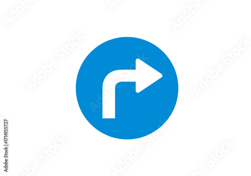 A blue circle with a white rightturn arrow symbol in the center isolated on a white background