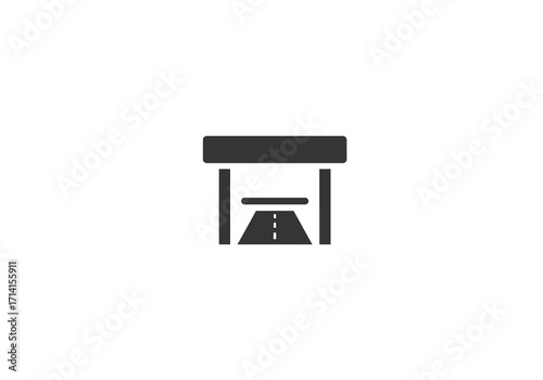 A dark gray icon of a toll booth with a road leading through it set against a white background