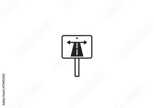 A directional road sign with arrows pointing left and right with a road image