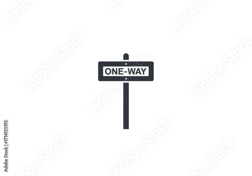 A dark gray oneway sign with white text stands against a blank white background